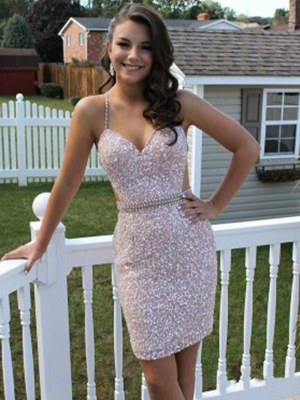 SSR0509,Sparkle Beaded Homecoming Dresses Spaghetti Straps Mini Prom Dresses