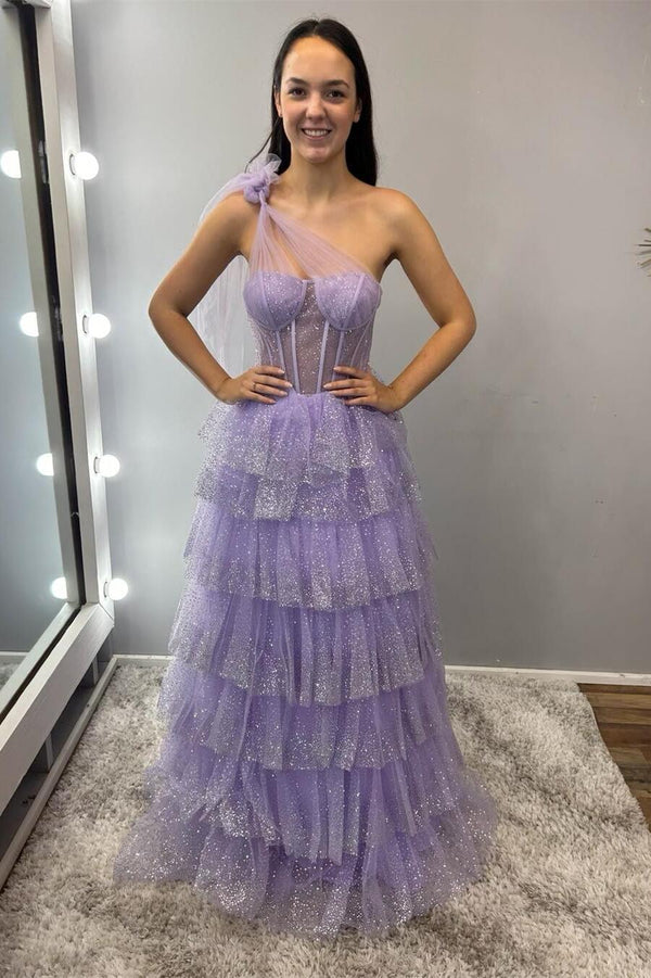 One Shoulder Lavender Sequin Tulle Ruffles Formal Dress