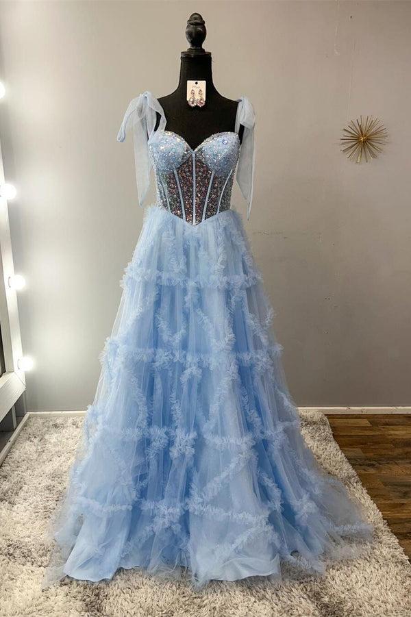 Beaded Sheer Corset Light Blue Formal Dress
