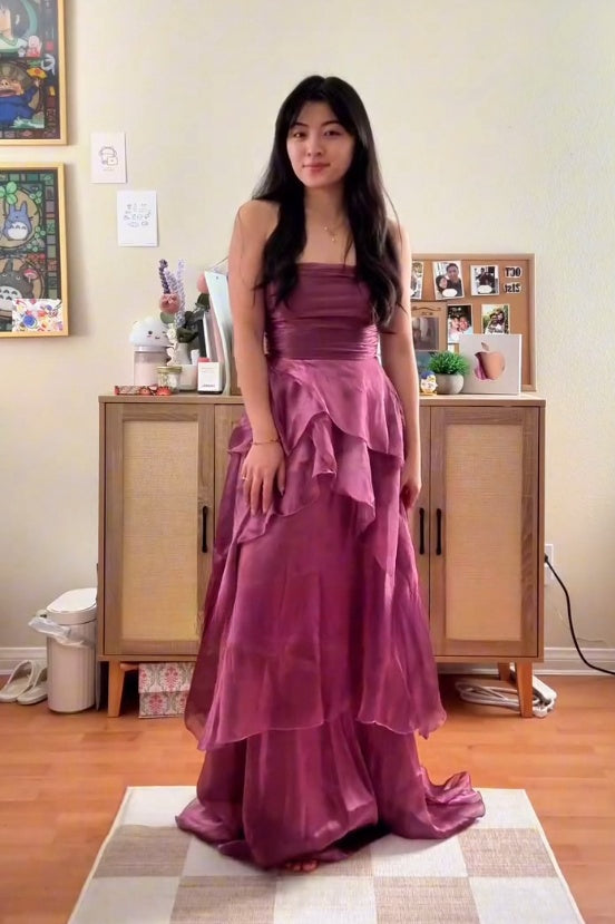 Strapless Plum A-line Long Party Dress with Ruffles