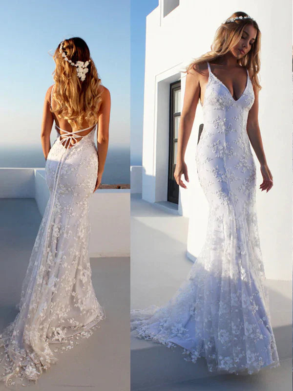 SSR1206,Lace Court Sleeveless Spaghetti Trumpet/Mermaid Straps Train Wedding Dresses