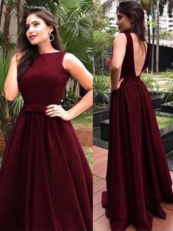 SSR0302,Burgundy V-Back Prom Dresses A-Line Satin Evening Prom Dresses