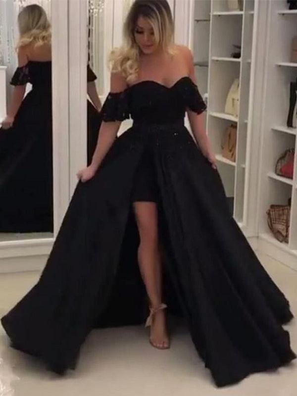 SSR0439,Off The Shoulder High Low Sweetheart Satin Simple Pleated Black Prom Dresses