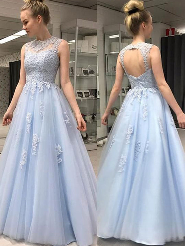 SSR0672,Light blue long prom dress,back hole tulle lace evening prom dresses