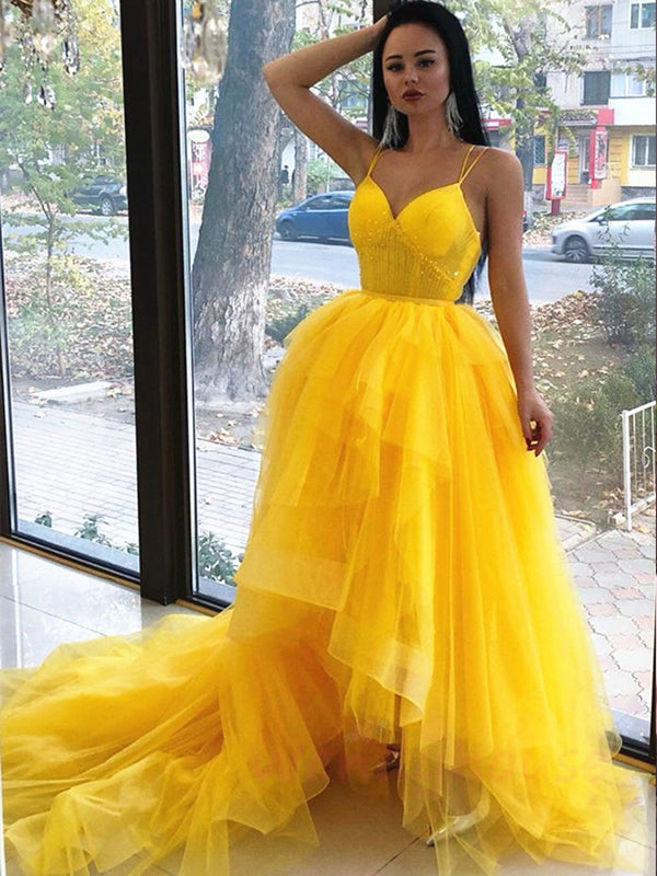 SSR1190,Unique Straps Yellow Ball Gown with Train,Hi-Lo Tulle Beaded Prom Evening Dresses
