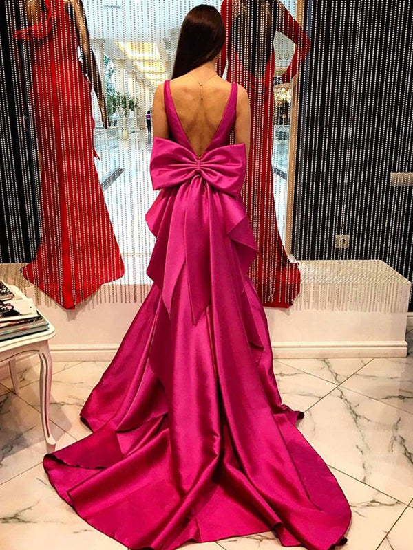 SSR0771,Hot pink bowknot satin mermaid prom dresses open back long evening dress