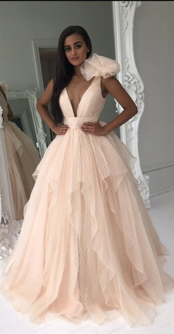SSR0406,Light Pink Ruffles Prom Dresses A-Line Evening Gown With Deep V-Neck