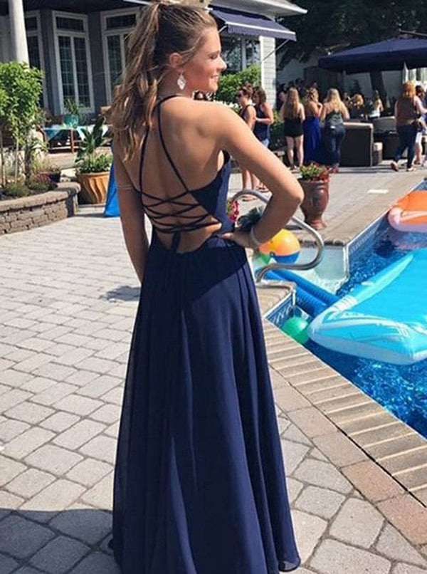 SSR0367,Navy Blue Chiffon Prom Dresses Long Sheath Evening Party Dress