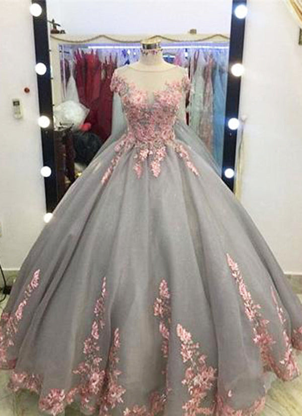 SSR0671,Unique Grey Long Ball Gown,Appliqued Cap Sleeves Prom Dress,Big Wedding Dresses,Grey Formal Evening Dress,Gray Quinceanera Dresses