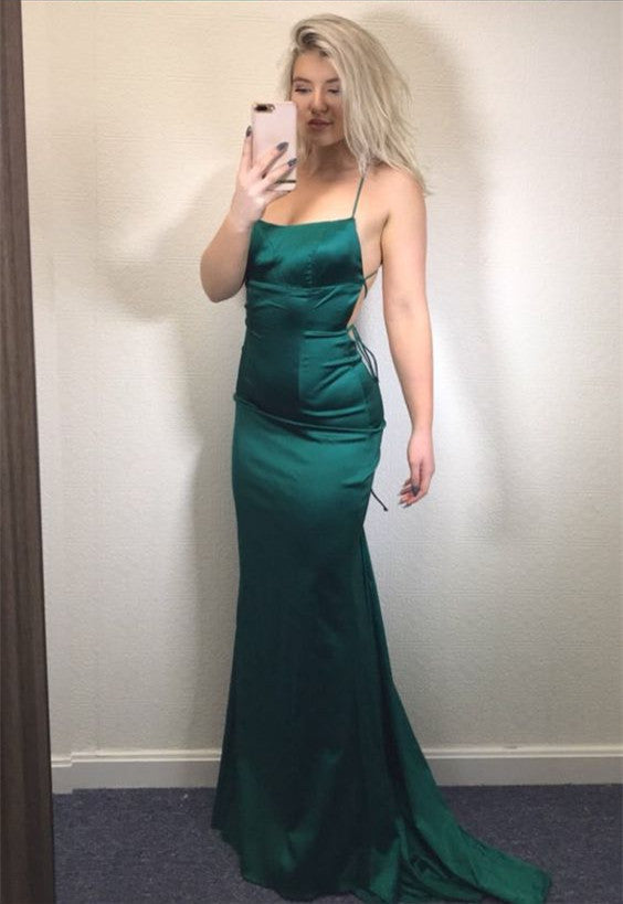 SSR0692,Green prom dress satin mermaid cross back long evening dress
