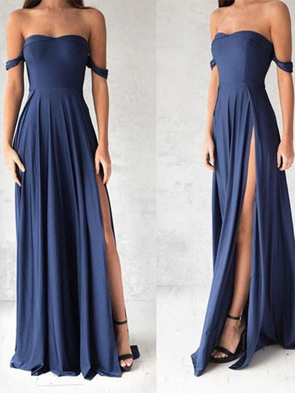 SSR0296,Off the shoulder prom dress blue satin prom dresses long dance gown