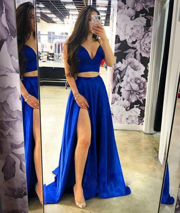 SSR0217,Two pieces prom dresses royal blue evening dresses satin long prom dress