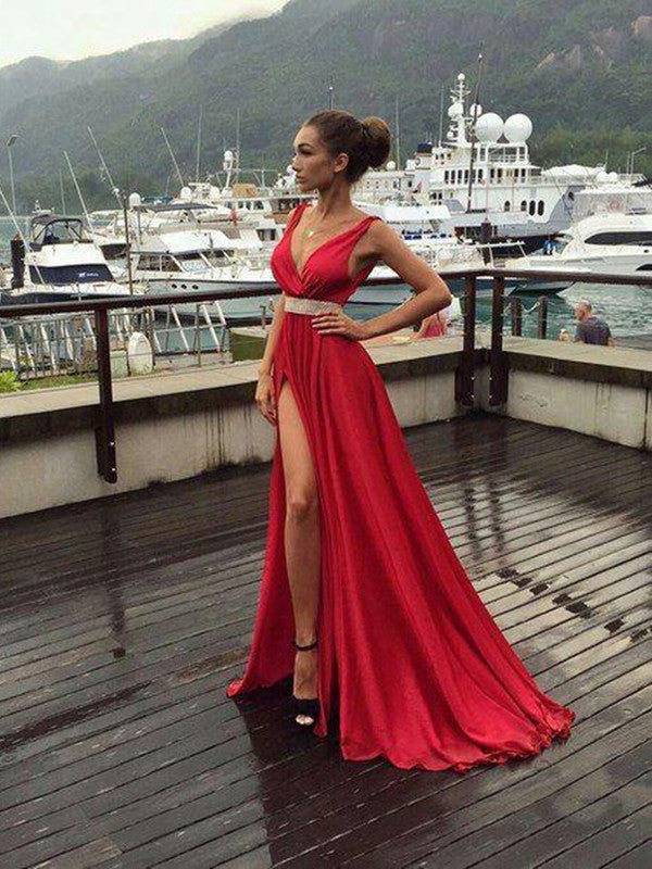 SSR0938,Charming Red V Neck High Slit Prom Dress,Sexy Beaded Waist Evening Dresses