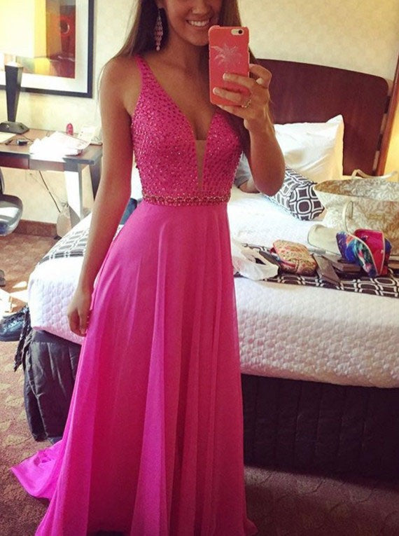 SSR0293,Hot pink beaded chiffon long prom dress
