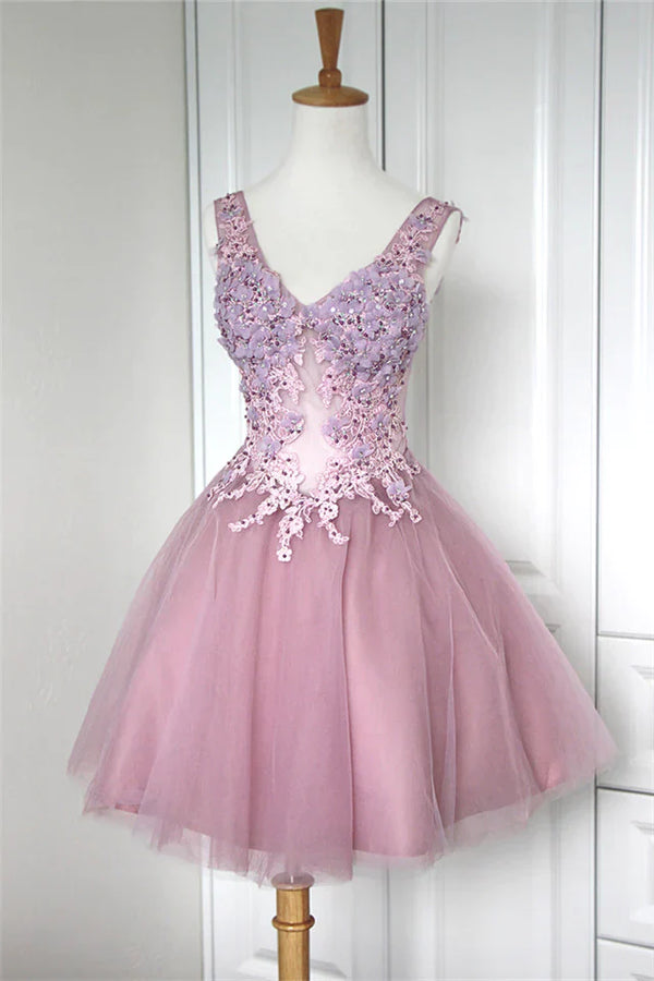 SSR1768,Pink Tulle Mini Homecoming Dress, Applique Ruched Applique Cocktail Dress