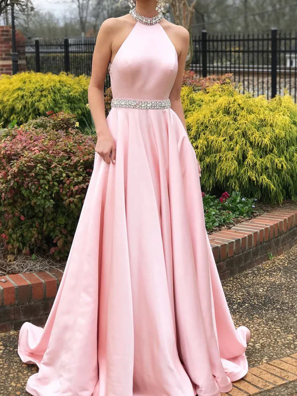 Popular Satin Jewel Neckline Backless Sweep Train A-line Prom Dresses With Rhinestones Evening Dresses