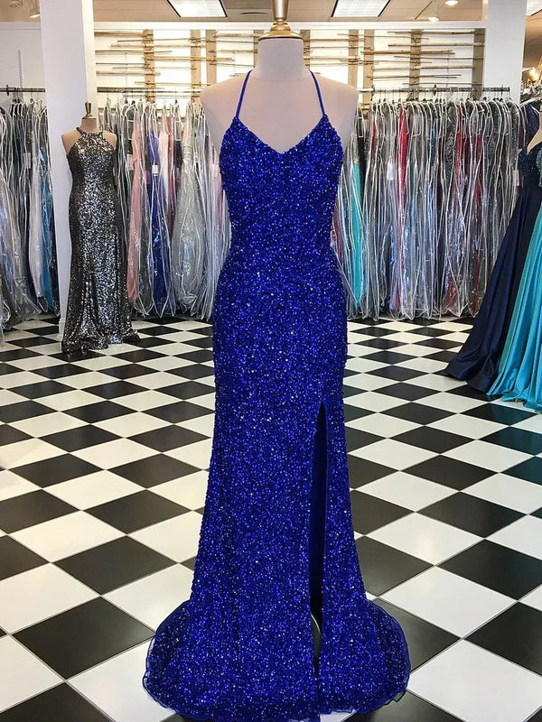Shimmering Sequin Lace Halter Neckline Sweep Train Sheath Prom Dress Sparkly Evening Dress