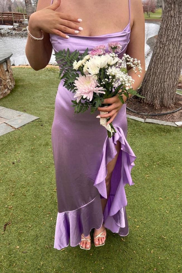 Lavender Straps Cowl Neck Satin Long Party Dress