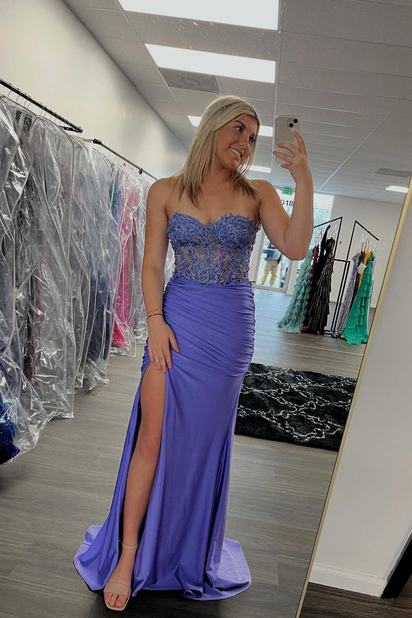 Sweetheart Appliques Purple Fitted Long Prom Dress