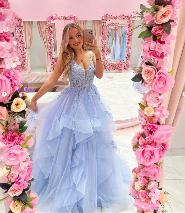 SSR1053,Blue tulle lace long prom dress A line formal dress