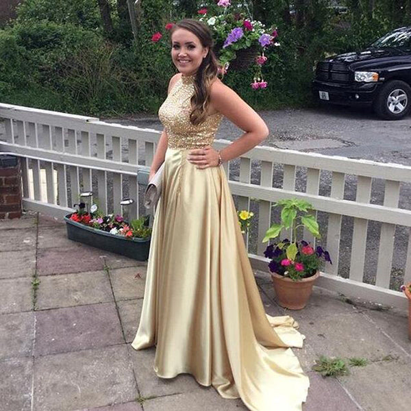 SSR0174,Luxury Gold Halter Beading A-Line Satin Long Prom Dresses Evening Dress Beaded Sleeveless Formal Gown