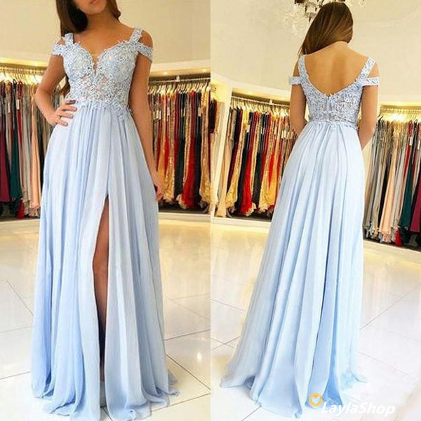 SSR0106,Light blue applique off the shoulder chiffon long prom dress,evening dresses long with split