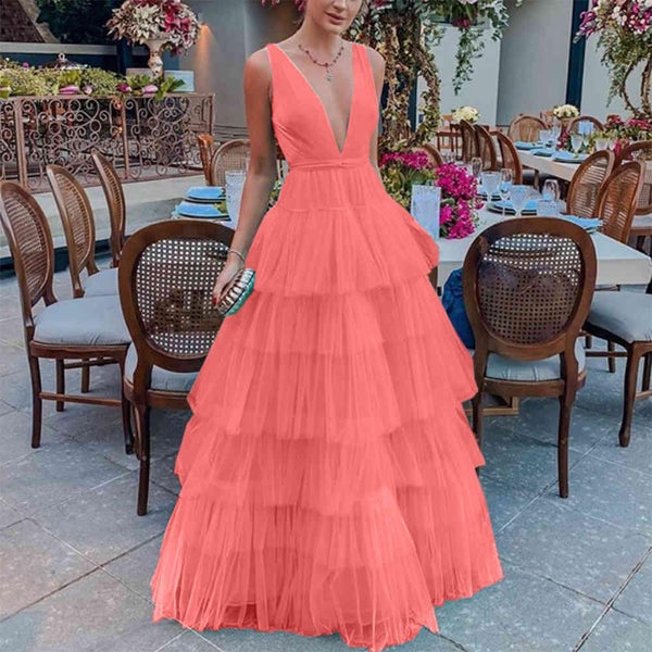 SSR0663,Summer V-Neck Sleeveless Solid Color Fashion Ruffle Prom Dress