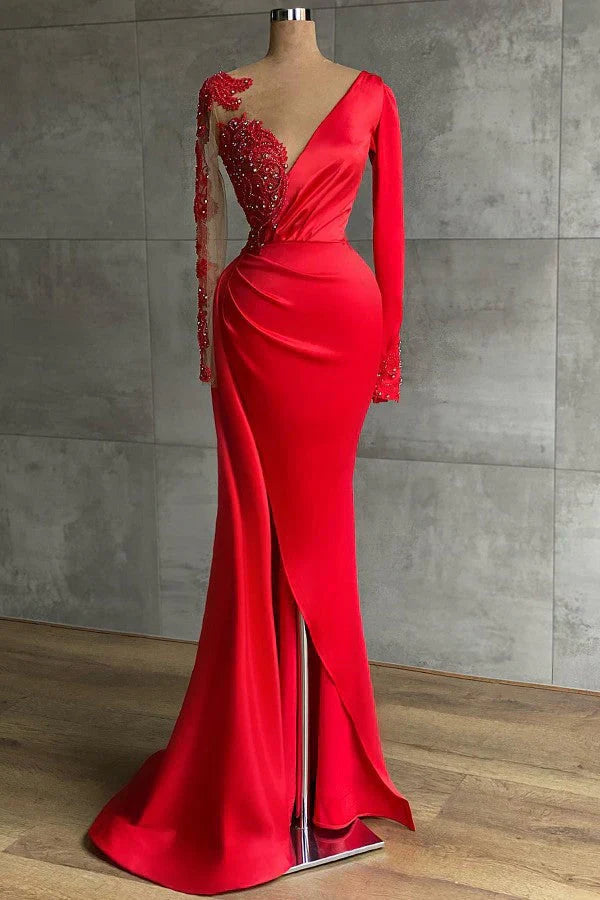 Red Long Sleeve V Neck Mermaid Prom Dress With Beadings Sexy Evening Dress Party Dress