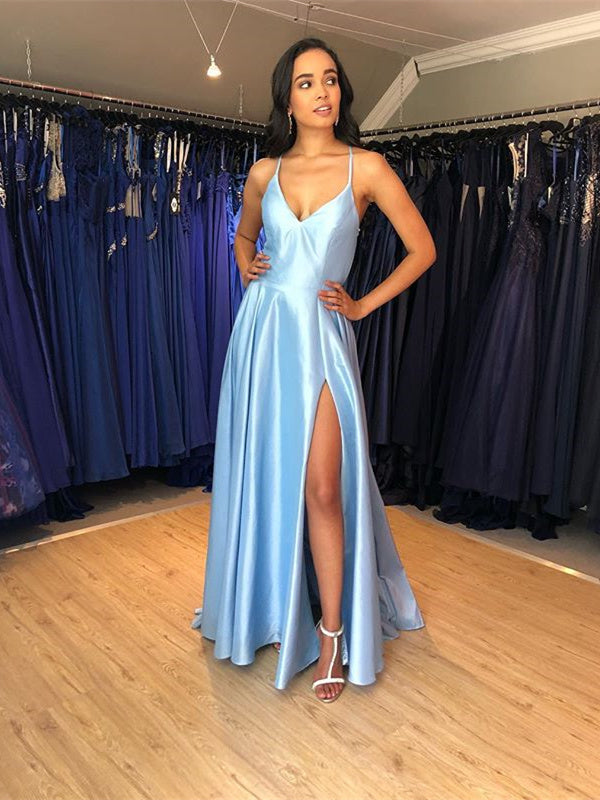SSR0309,Light blue spaghetti straps long prom dresses evening dress long formal gown