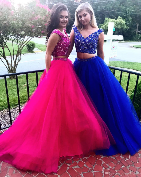 SSR0576,Two pieces tulle prom dresses beaded a-line evening dress