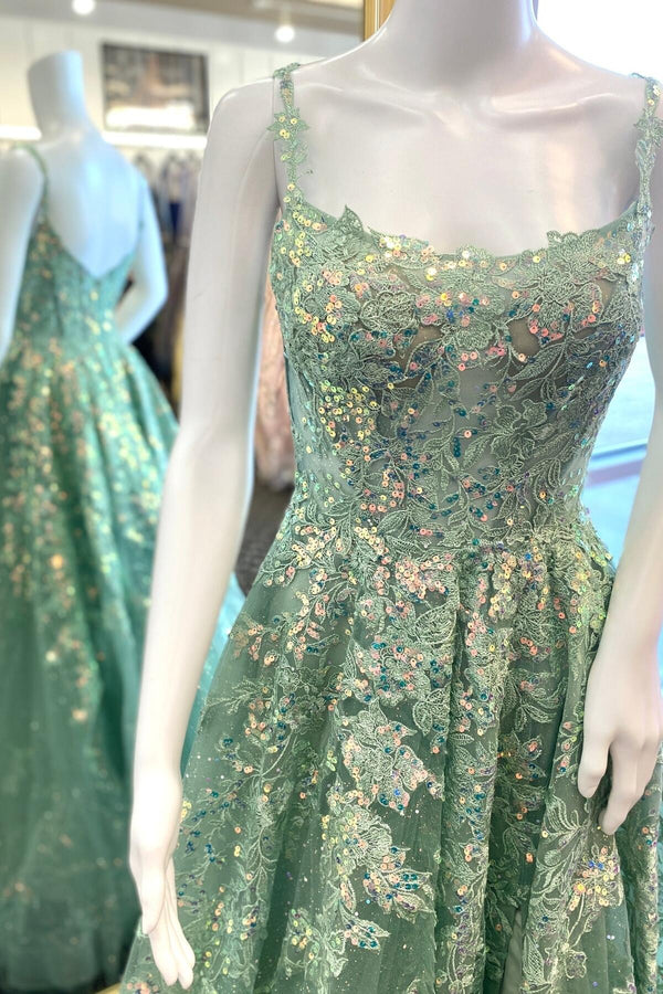 Sage Green Scoop Sequin Appliques Tulle Long Dress