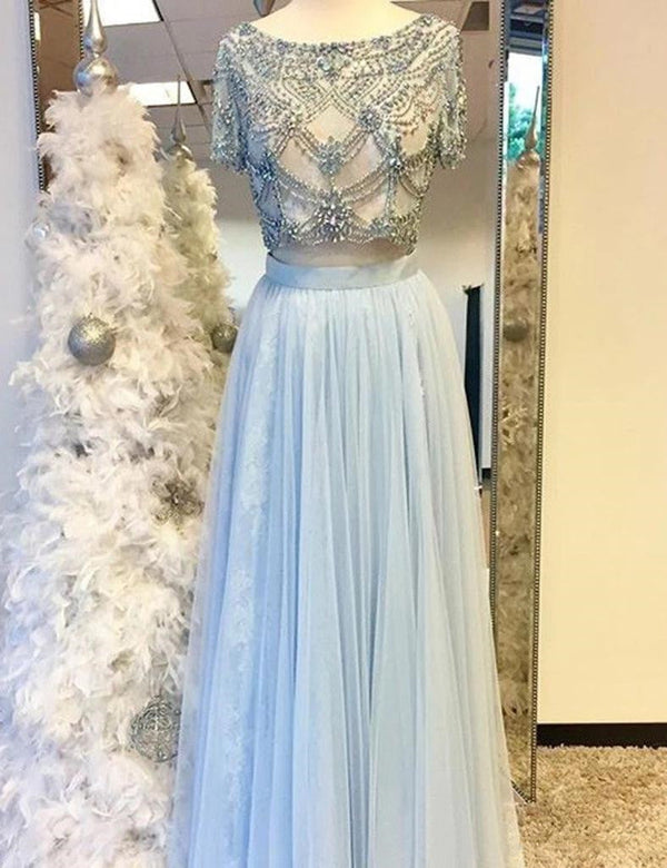 SSR0648,Light Blue Two Pieces Elegant Prom Dresses,Prom Dresses For Teens,Charming A-line Tulle Evening Dresses,Beading Party Dresses