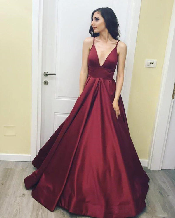 SSR0542,Burgundy Spaghetti Straps Ball Gown A-Line Satin Prom Dresses