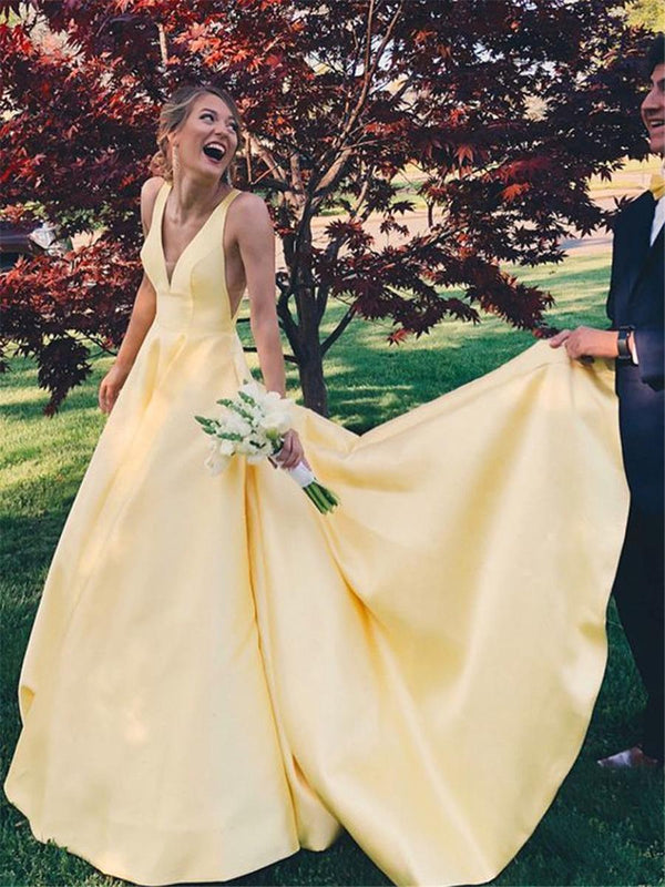 SSR0258,Yellow A Line V Neck Satin Long Prom Dresses V Neck Backless Yellow Satin Wedding Dresses Formal Dresses