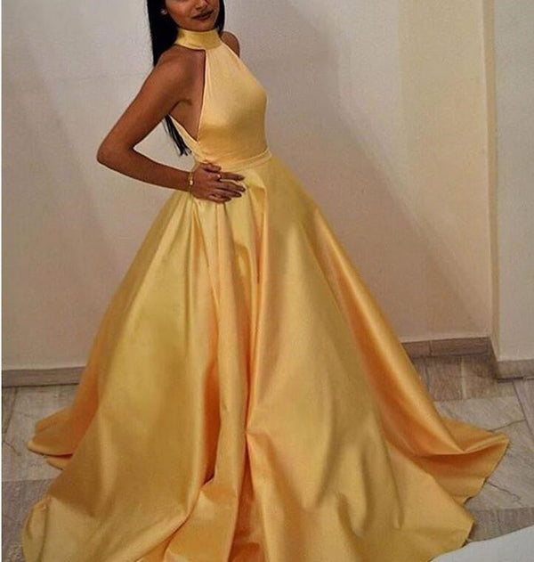 SSR0264,Yellow A-Line Prom Dresses Satin Halter Sleeveless Evening Party Dress