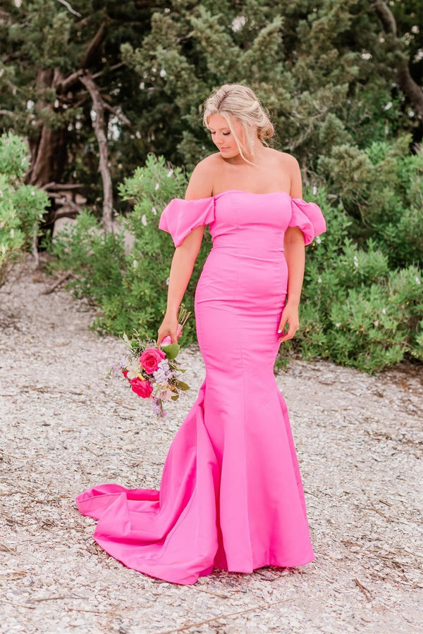 Hot Pink Strapless Mermaid Long Party Dress with Short Sleeves