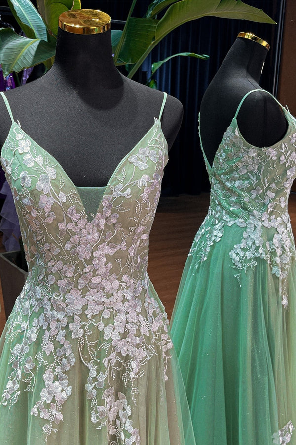 Straps Sage Green Tulle and White Appliques Formal Dress