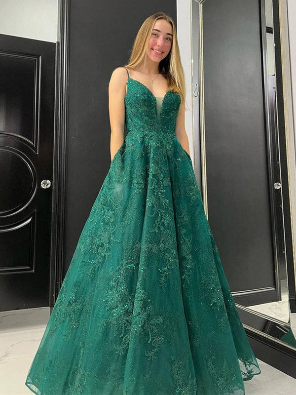 SSR1187,A Line V Neck Green Lace Tulle Prom Dresses,Green Lace Formal Graduation Dresses