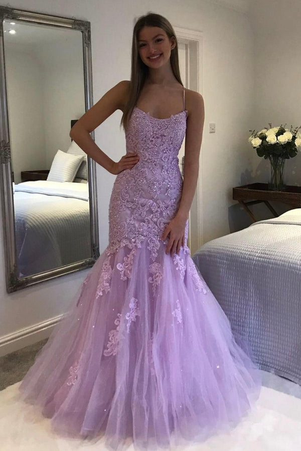 SSR0832,Gorgeous Mermaid Spaghetti Straps Lilac Long Prom Dresses with Appliques