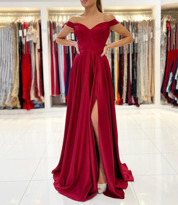 SSR0614,Red off the shoulder long prom dress satin red prom dresses