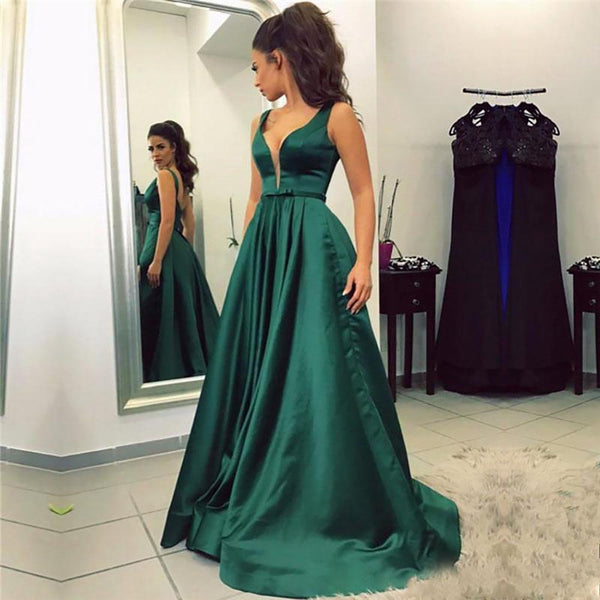 SSR0274,Emerald green prom dresses v neck long prom dress a line evening gown