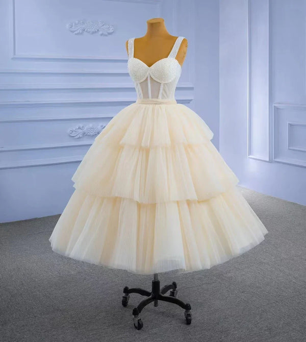 SSR1790,Cream Pearl Beaded Homecoming Dresses, Tea Length Birthday Ball Gown