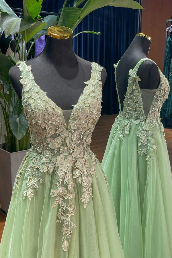 V Neck Sage Green A-line Princess Dress