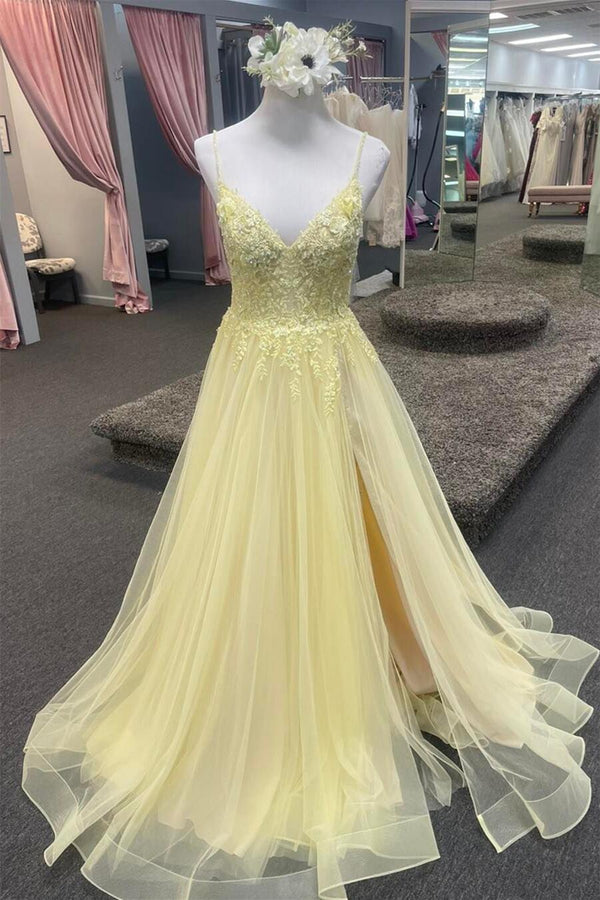 Straps Yellow Lace Appliques A-line Long Formal Dress
