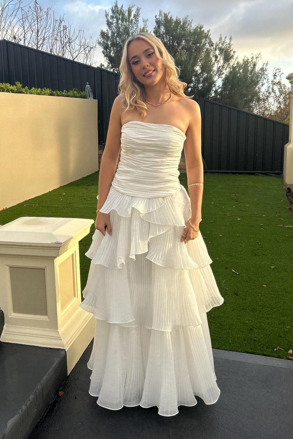 Strapless White Ruched Pleated Ruffle Party Dress