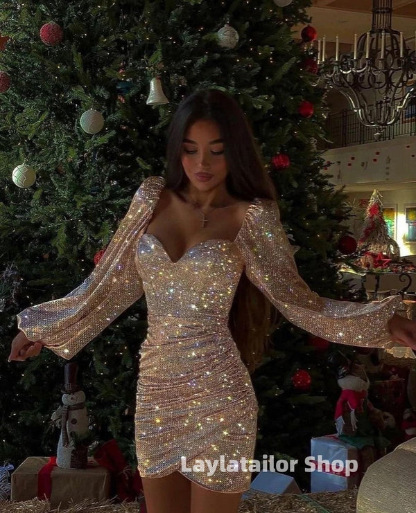 SSR1794,Bling bling champagne/rose gold long sleeves short homecoming dress