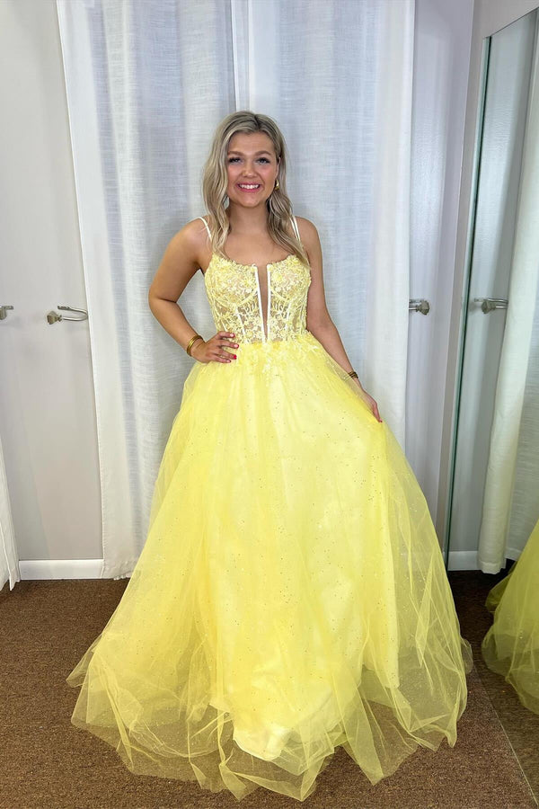 Straps Yellow Lace and Tulle Long Formal Dress