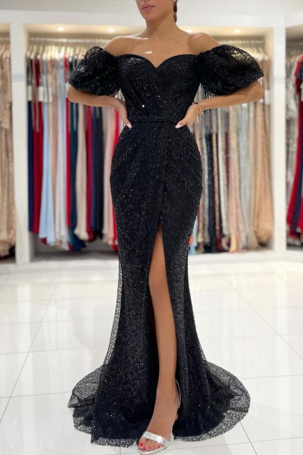 Sexy Off-The-Shoulder Black Mermaid Sequins Prom Dress Long With Slit Charming Evening Dress